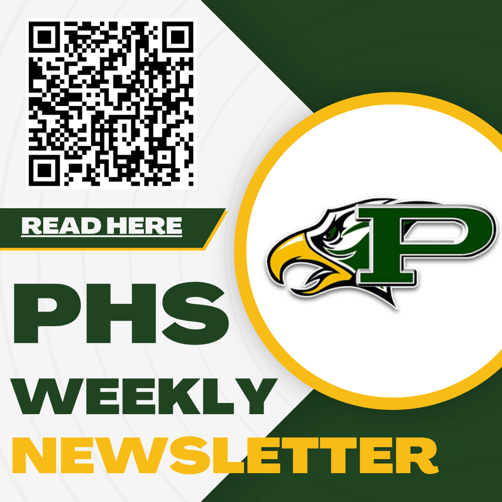 Yellow, green, and white graphic for the PHS Weekly Newsletter featuring a QR code.