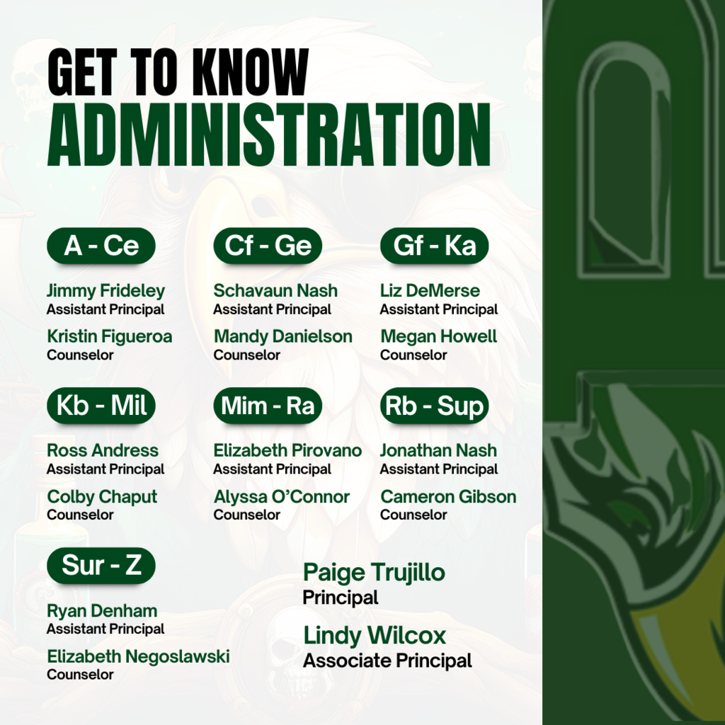 Graphic titled 'Get to Know Administration' listing Prosper High School assistant principals and counselors for the 2025–2026 school year, divided by student last name ranges. Includes names of the principal and associate principal at the bottom.