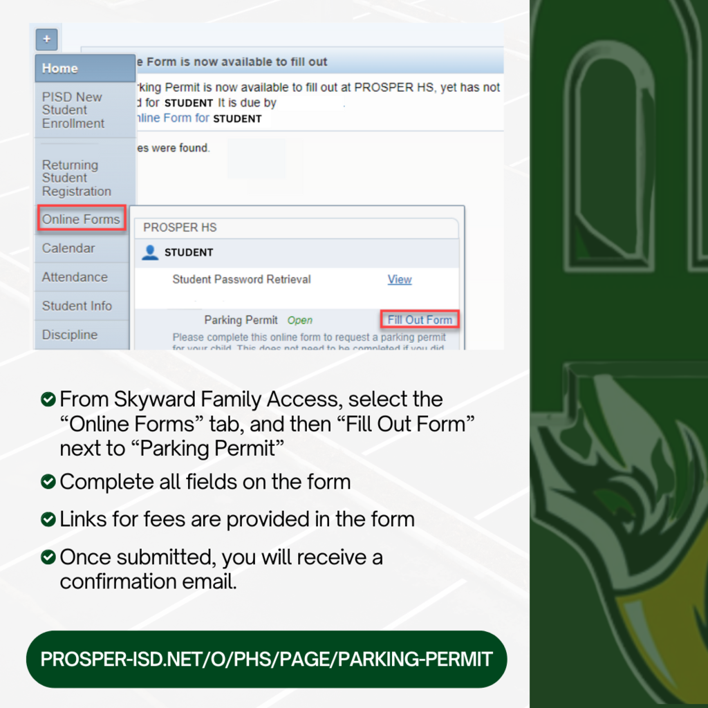 Screenshot showing how to access the parking permit form in Skyward Family Access. Highlights the "Online Forms" tab and the "Fill Out Form" link. Text explains how to complete the form and mentions that a confirmation email will be sent.