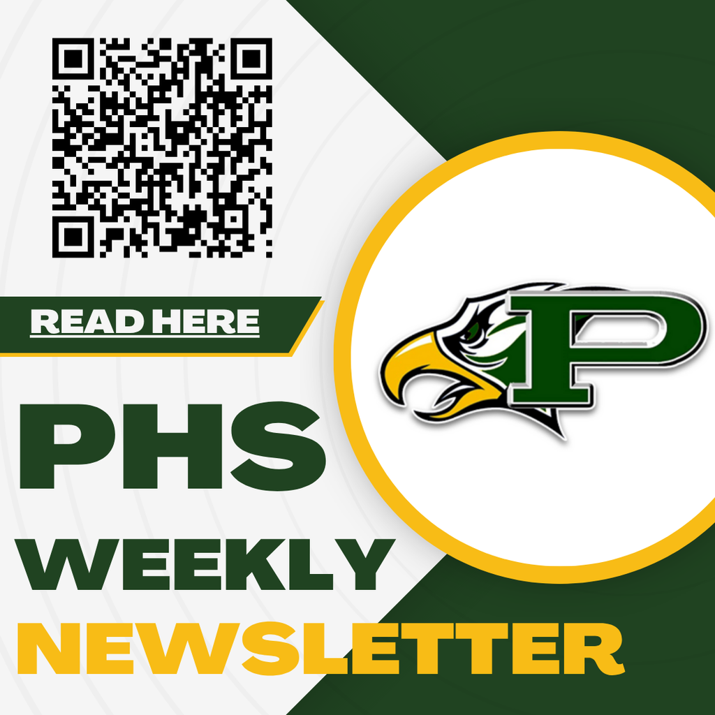 Yellow, green, and white graphic for the PHS Weekly Newsletter featuring a QR code.