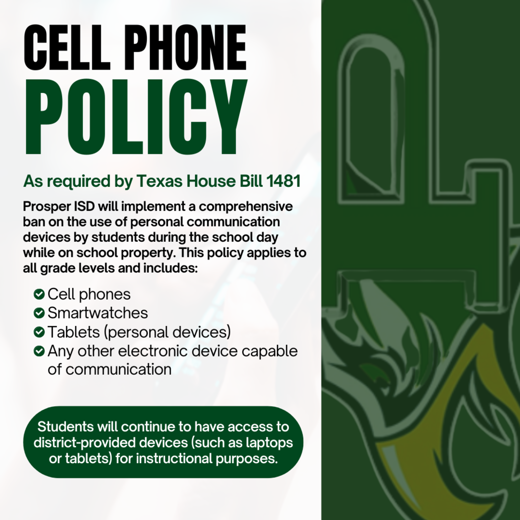 Summary of Prosper ISD's new comprehensive ban on personal communication devices per Texas House Bill 1481, with examples of banned devices.