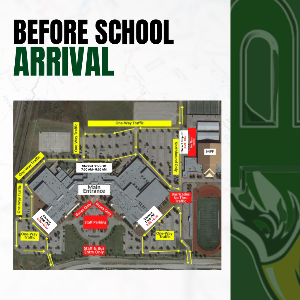 Campus map showing before-school student drop-off zones, traffic flow, and updated drop-off time from 7:50 to 8:20 AM.