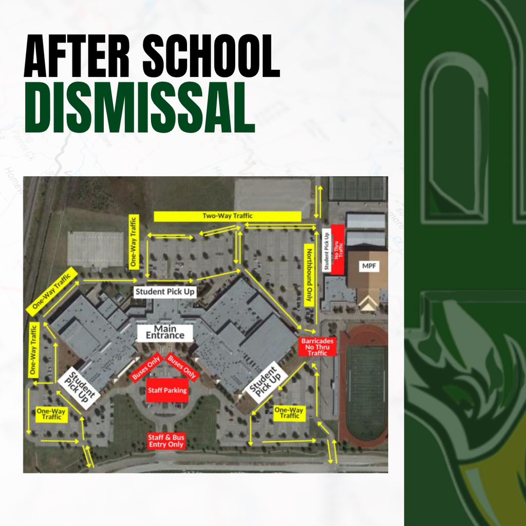 Map detailing student pick-up areas and traffic routes for after school, reflecting current procedures with adjusted timing.