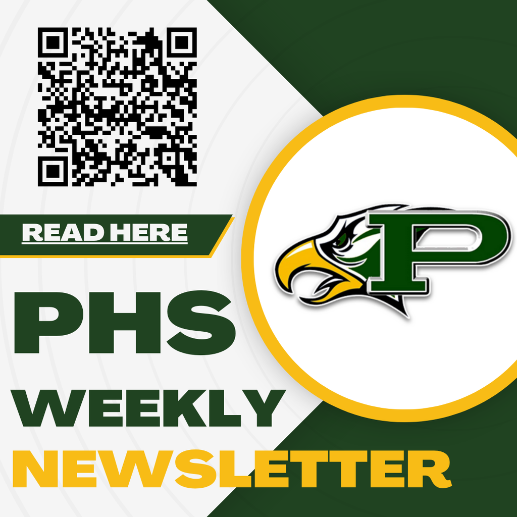 Yellow, green, and white graphic for the PHS Weekly Newsletter featuring a QR code.