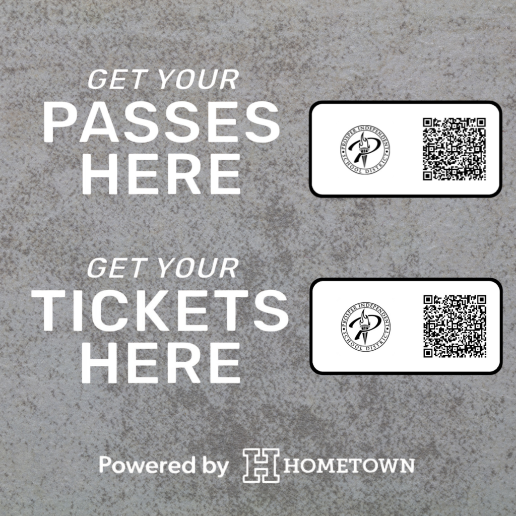 Gray background with two QR codes. Top section: 'Get Your Passes Here' with a QR code. Bottom section: 'Get Your Tickets Here' with a QR code. Text at bottom: 'Powered by Hometown' with the Hometown logo.