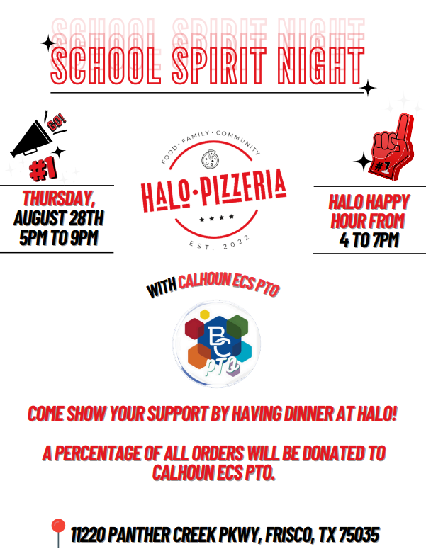 PTO Spirit Night at Halo Pizzeria August 28 from 5:00-9:00pm