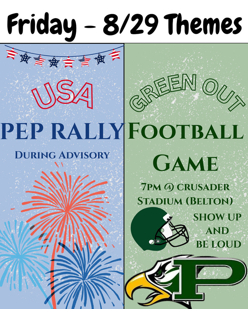 Graphic announcing themes for Friday, August 29: USA Pep Rally during advisory with fireworks design, and Green Out Football Game at 7 PM at Crusader Stadium in Belton.