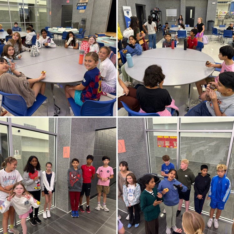 students eating donuts, and meeting friends