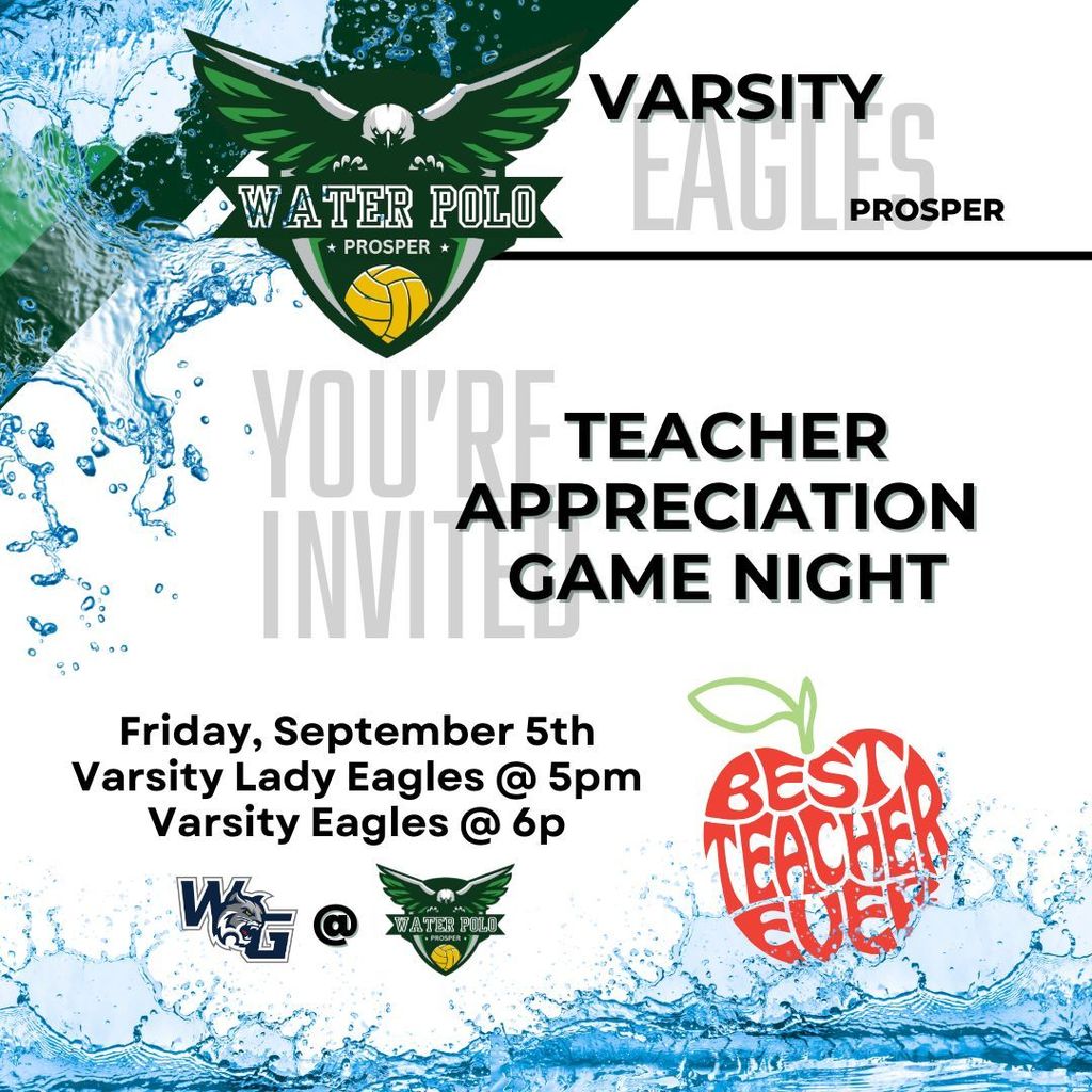 Grey background, red apple shape text, green water polo logo