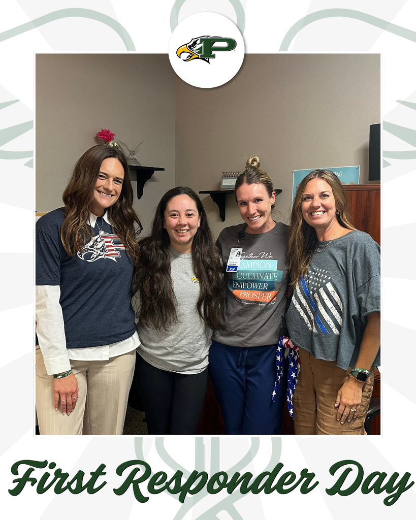 Nurse Ebeling and Nurse Gutierrez stand with two colleagues in an office, smiling at the camera. They wear casual school and patriotic-themed shirts. A desk, wall shelves, and flowers are visible in the background.