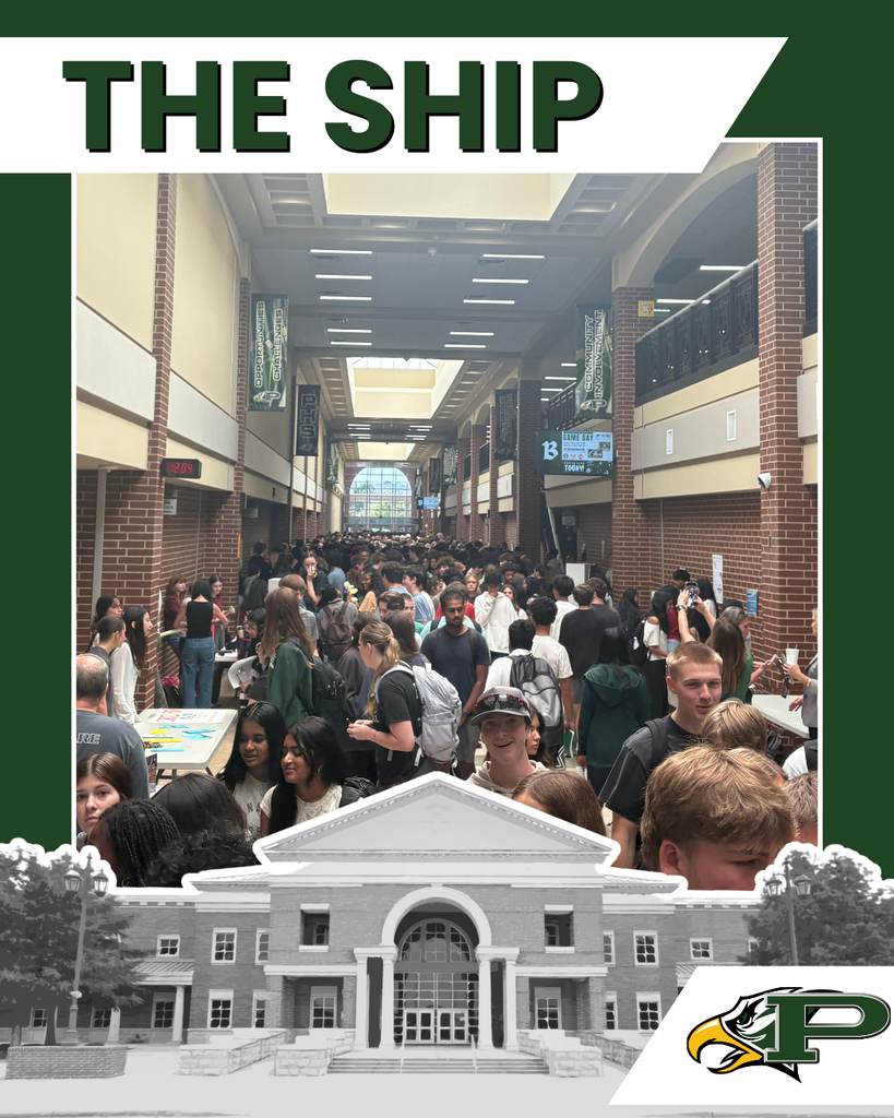 A crowded Prosper High School hallway filled with students during the Club Symposium. Tables line the sides with clubs sharing information while students stop to talk and explore options. A graphic overlay shows the Prosper Eagle logo, a sketch of the school building, and the words “THE SHIP” at the top.