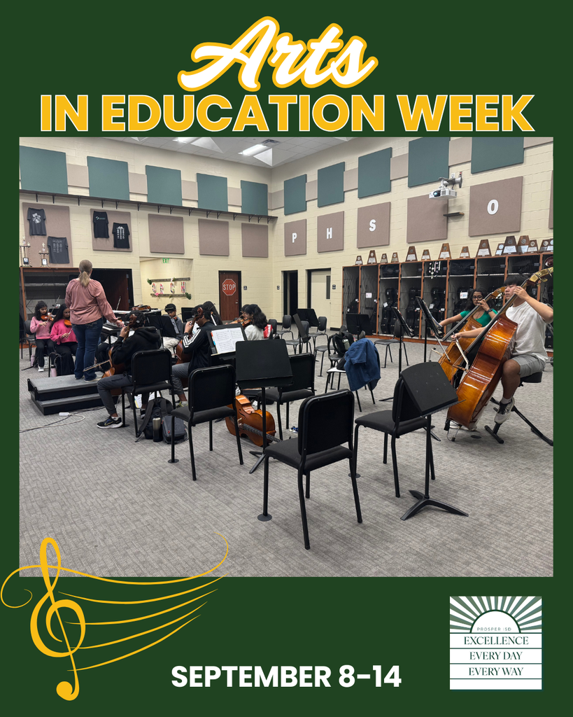 Orchestra students rehearse in a classroom. Students play violins, cellos, and bass instruments while the teacher conducts from the front. The walls display plaques and trophies.