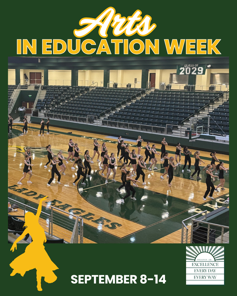 Prosper High dance students practice a group routine on the basketball court inside the gym. They are in black outfits, moving in formation. The graphic reads “Arts in Education Week” with a yellow silhouette of a dancer.
