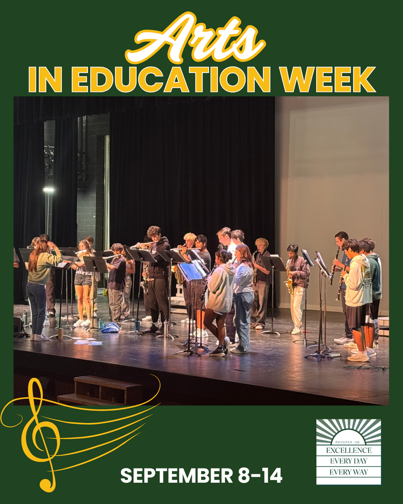 Band students rehearse on stage, playing instruments while standing at music stands under stage lighting. The background is dark with stage curtains. The image is framed with “Arts in Education Week” text and a yellow treble clef graphic.