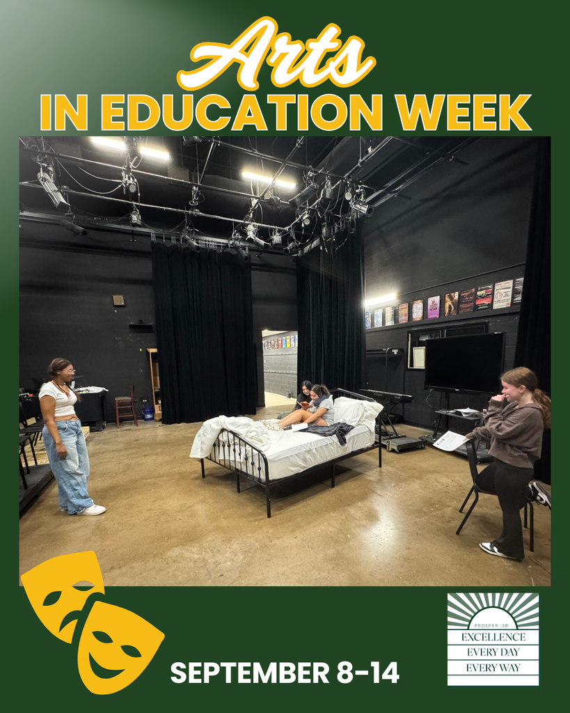 Students rehearse a theatre scene in a black box space. A bed is set in the middle of the room while two students sit on it reading lines, and two others stand nearby directing and practicing. The words “Arts in Education Week” appear at the top with yellow theatre mask icons at the bottom.