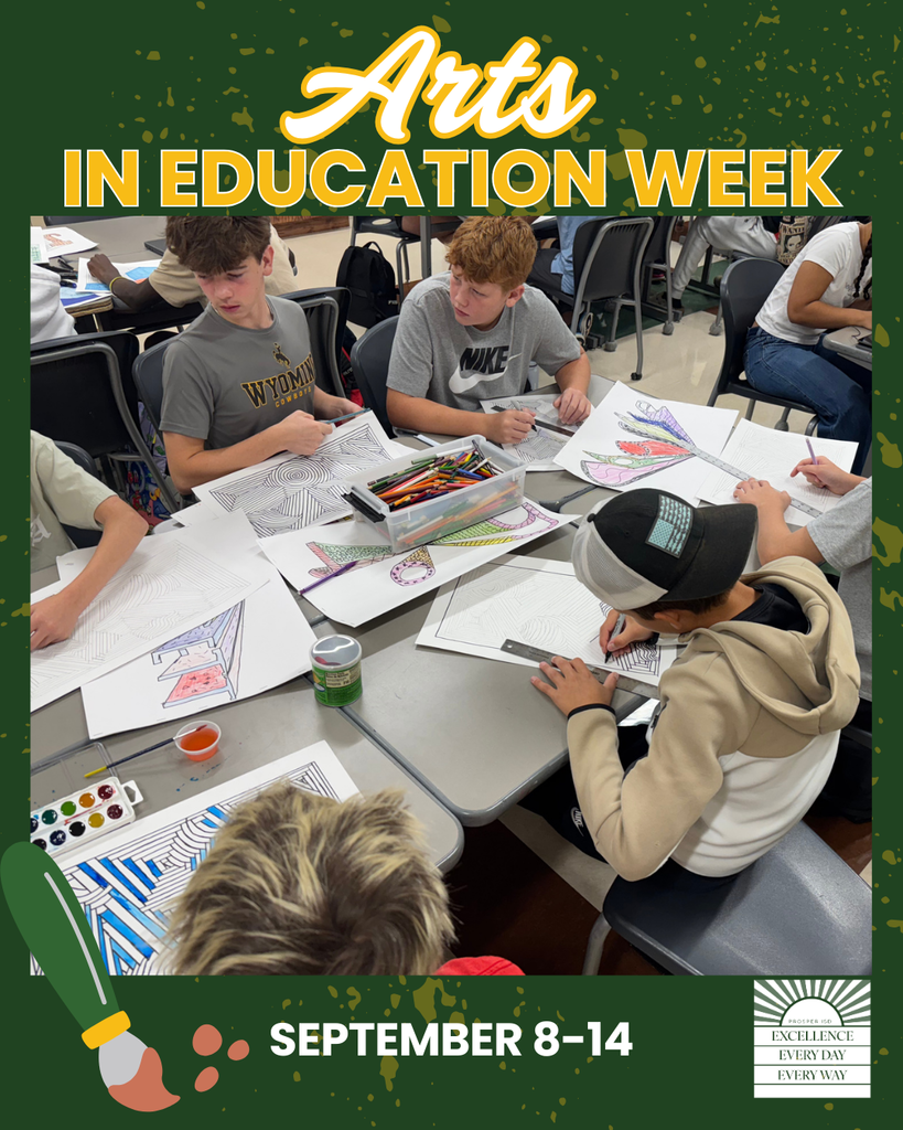 Art students work at tables drawing and coloring geometric designs on paper. Colored pencils, markers, and paints are scattered across the table. The graphic overlay reads “Arts in Education Week” with a paintbrush icon.