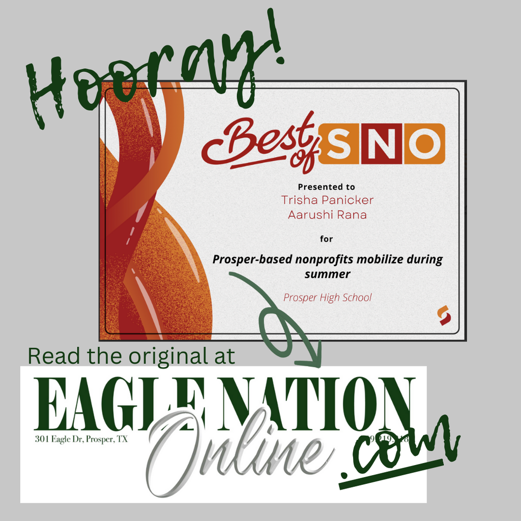 This image contains a national award given to Trisha Panicker and Aarushi Rana for their publication work on EagleNationOnline.com, the student news site of Prosper High.