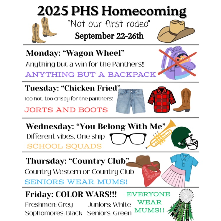 A graphic with cowboy boots and a cowboy hat at the top reads: “2025 PHS Homecoming: ‘Not our first rodeo,’ September 22–26.” Spirit days are listed with themed names, outfit descriptions, and small illustrations  