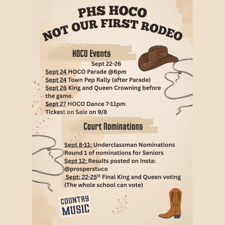A tan western-themed flyer with a cowboy hat, lasso, and boots announces “PHS HOCO — Not Our First Rodeo.”