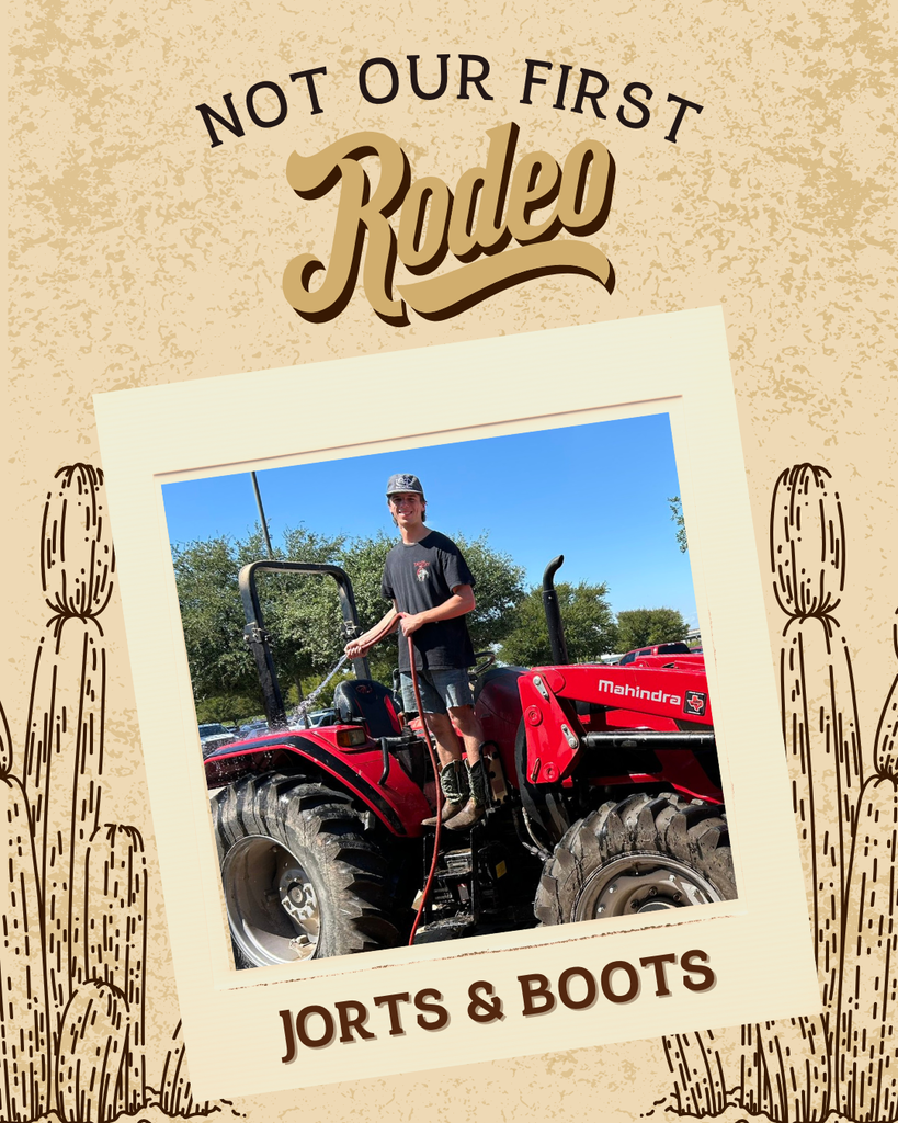 A western-themed “Not Our First Rodeo” graphic with students dressed in jorts, boots, and western-inspired outfits for Spirit Week Day 2. Text at the bottom reads: “Jorts & Boots.”