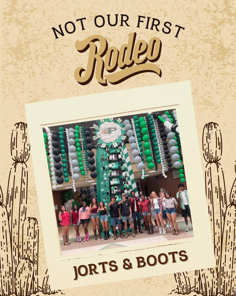 A western-themed “Not Our First Rodeo” graphic with students dressed in jorts, boots, and western-inspired outfits for Spirit Week Day 2. Text at the bottom reads: “Jorts & Boots.”