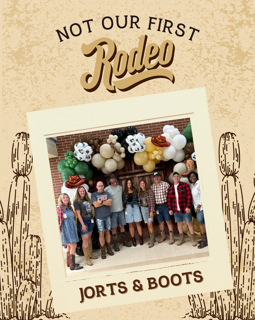 A western-themed “Not Our First Rodeo” graphic with students dressed in jorts, boots, and western-inspired outfits for Spirit Week Day 2. Text at the bottom reads: “Jorts & Boots.”