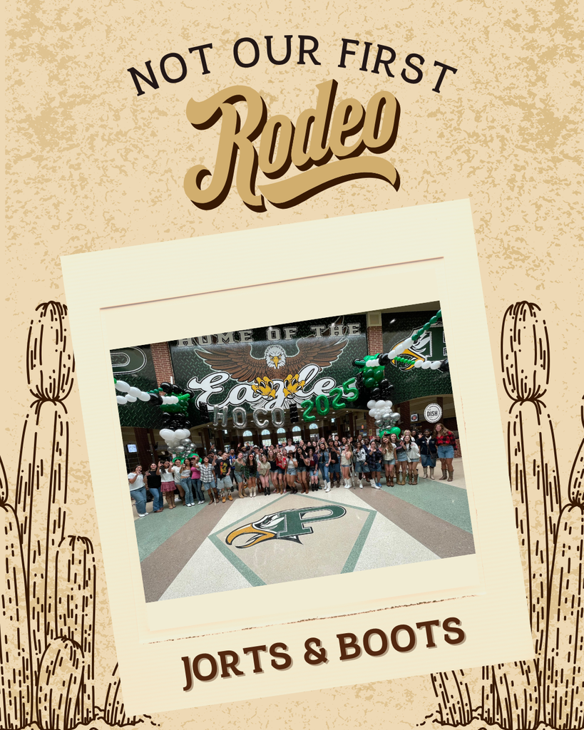 A western-themed “Not Our First Rodeo” graphic with students dressed in jorts, boots, and western-inspired outfits for Spirit Week Day 2. Text at the bottom reads: “Jorts & Boots.”