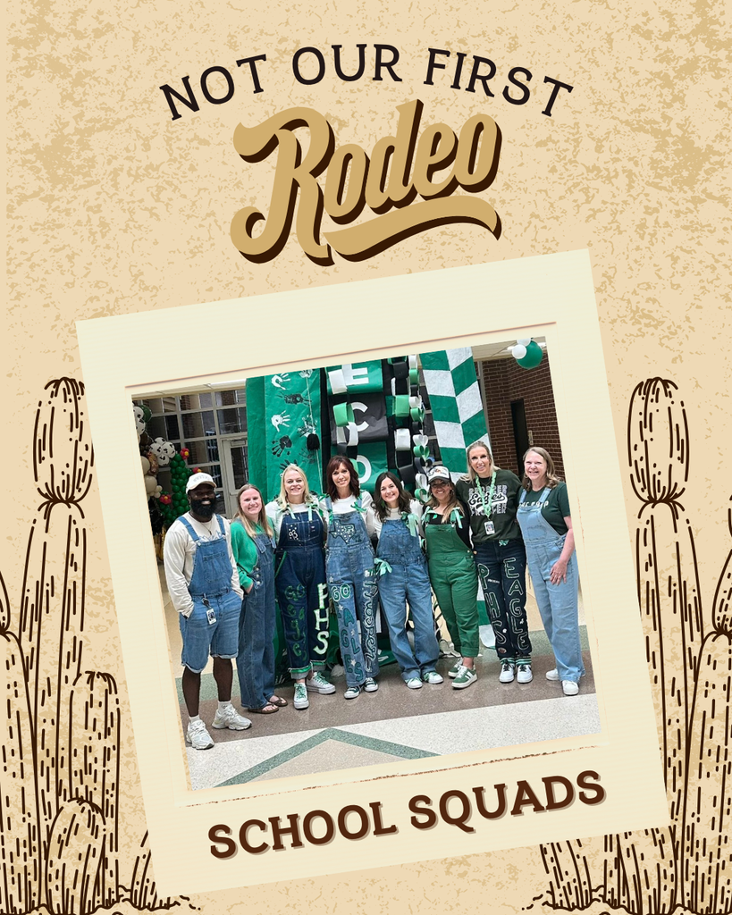 Another graphic shows a group of staff members wearing decorated overalls and green spirit gear, posing in front of green-and-white Homecoming decorations. Text reads: “School Squads.”