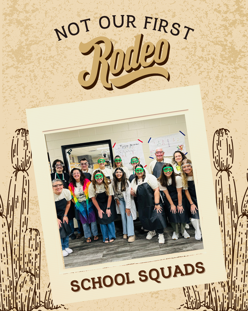 A western-themed “Not Our First Rodeo” graphic shows a group of teachers in matching shirts, science goggles, and aprons posing together. Text reads: “School Squads.”