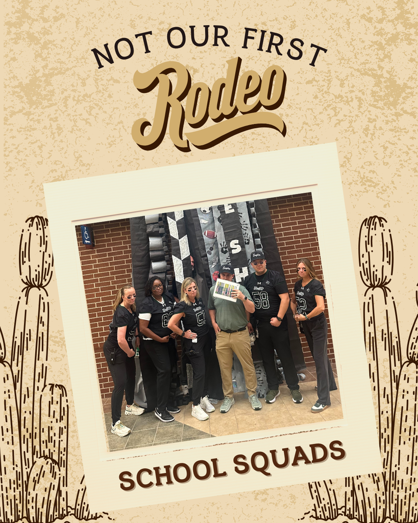 A group of staff members in matching black football jerseys poses together in front of black-and-silver spirit decorations. Text reads: “School Squads.”