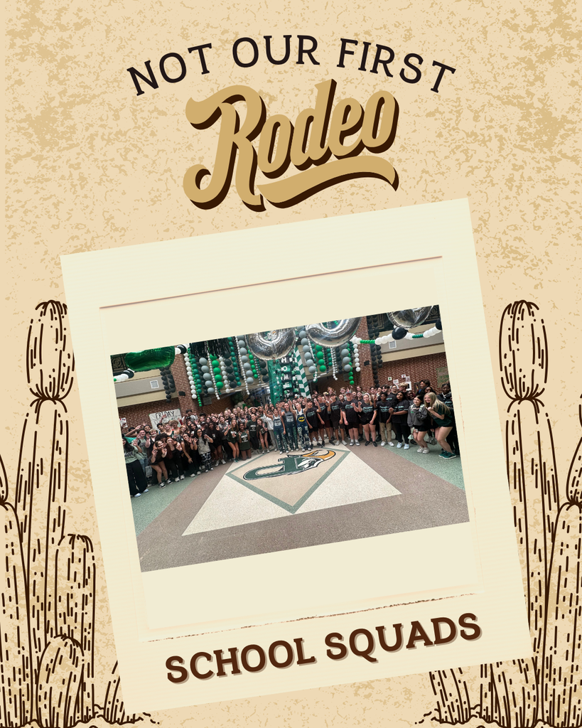 A large group of students dressed in coordinated black and green outfits gathers in the school atrium decorated with balloons and streamers. Text reads: “School Squads.”