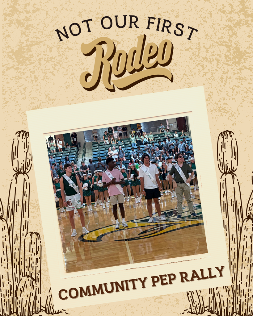 Another graphic shows four male court nominees in casual attire and sashes standing on the gym floor while the drill team and crowd look on. Text reads: “Community Pep Rally.”