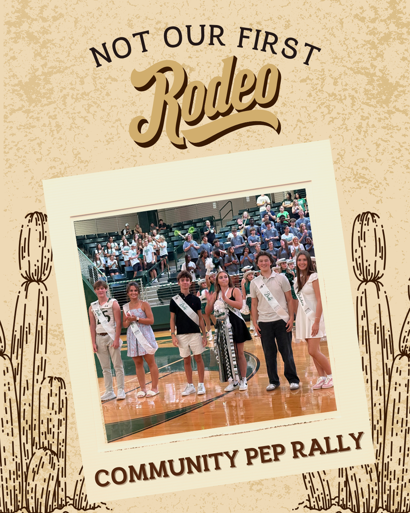 Another graphic shows six court nominees—three male, three female—dressed in semi-formal attire and sashes, standing on the gym floor with the audience behind them. Text reads: “Community Pep Rally.”