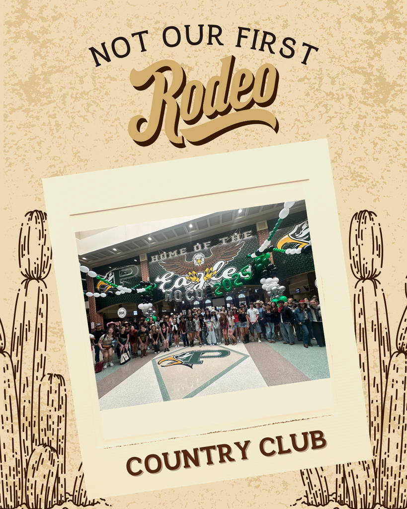 A similar graphic shows another large group of students in themed outfits posing in the same atrium area decorated with balloons and spirit banners. Text reads: “Country Club.”