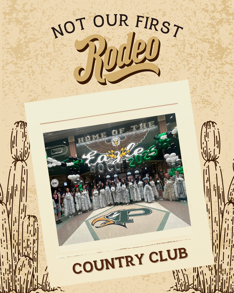 Another graphic shows a large group of seniors lined up in decorated Homecoming mums and garters in front of the atrium Eagle HOCO 2025 balloon display. Text reads: “Country Club.”