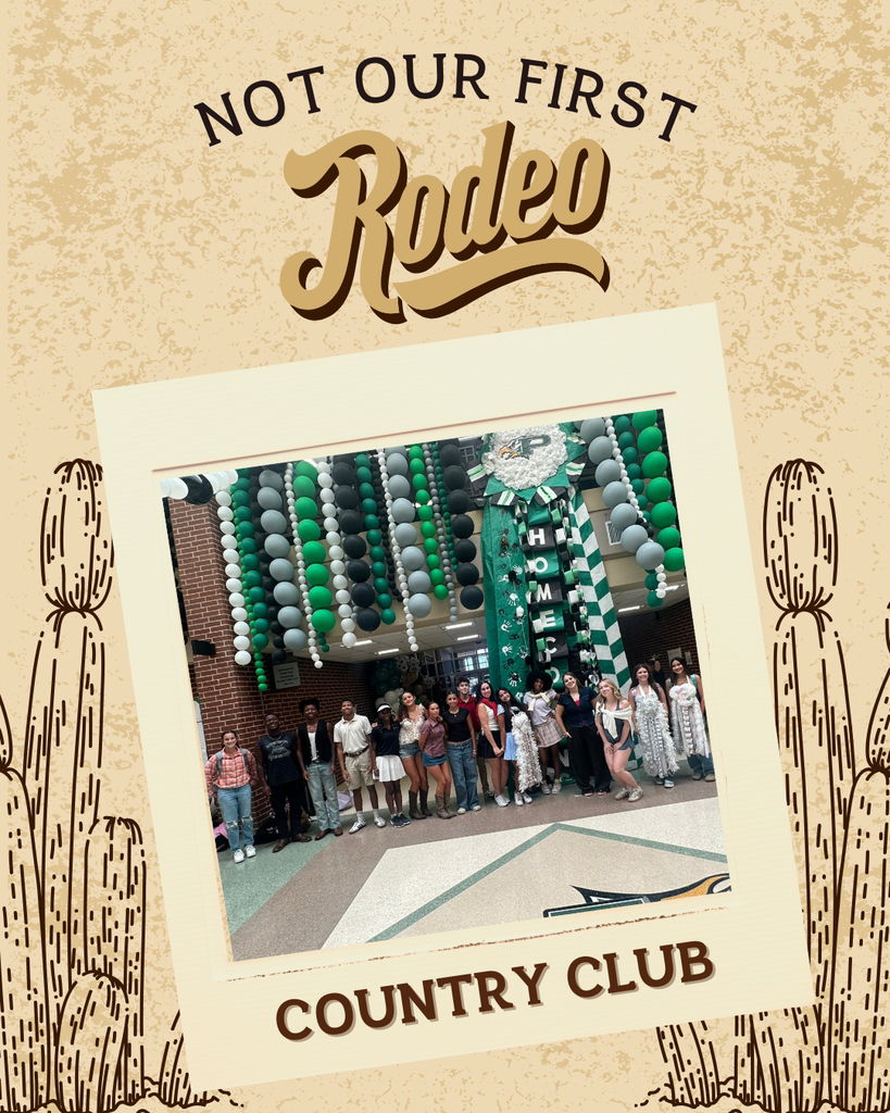 Another graphic shows a group of students standing together in the school atrium decorated with green, black, and white balloons, dressed in country-inspired and country club outfits. Text reads: “Country Club.”