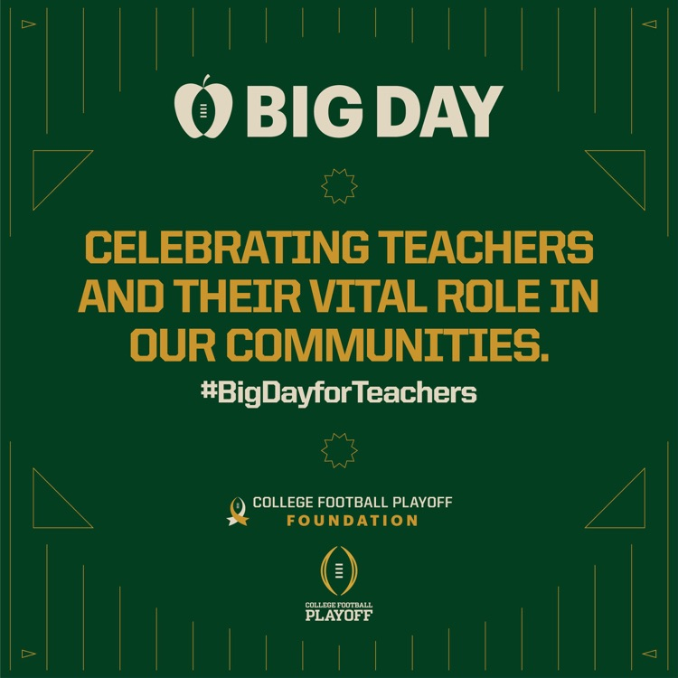 Graphic text celebrating teachers with hashtag #BigDayforTeachers.