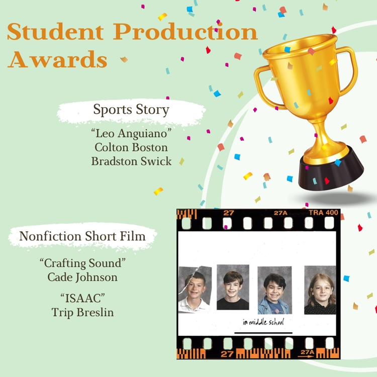 Student Production Awards graphic with trophy and confetti. Winners for Sports Story and Nonfiction Short Film listed with student names and film strip image.