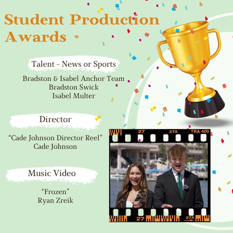 Awards graphic with trophy and confetti. Winners for Talent, Director, and Music Video shown with a photo of two student anchors.