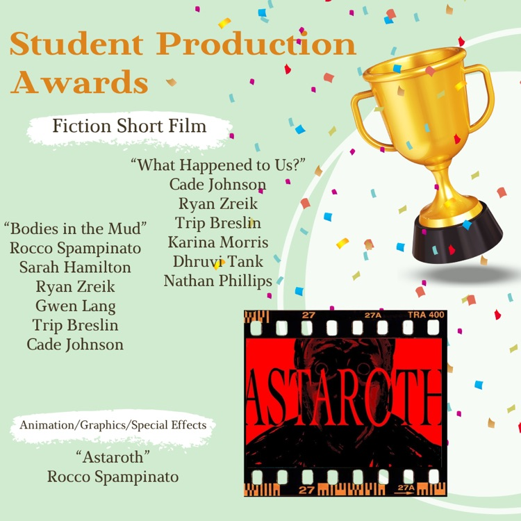 Student Production Awards graphic with trophy and confetti. Winners for Fiction Short Film and Animation/Special Effects listed with “Astaroth” image.