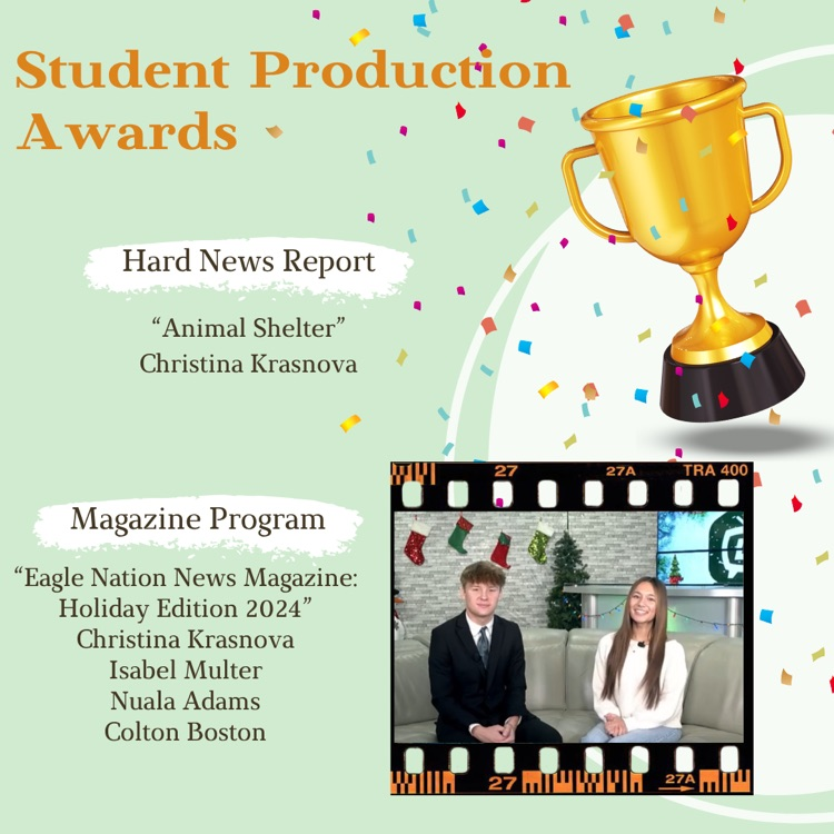 Awards graphic with trophy and confetti. Winners for Hard News Report and Magazine Program shown with holiday-themed anchor photo.