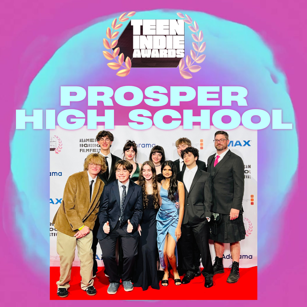 Teen Indie Awards graphic with pink and blue background showing Prosper High School nominees. Categories: Best Cinematography (“We Live in Lies” by Cade Johnson), Best Documentary (“ISAAC” by Trip Breslin), Best Animation and Best Sound Design (“Astaroth” by Rocco Spampinato).