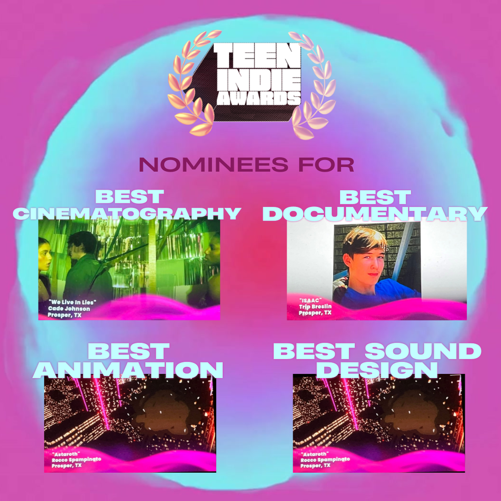 Teen Indie Awards graphic with pink and blue background featuring group photo of Prosper High School students and advisor on the red carpet, dressed formally. Text reads “Prosper High School.”