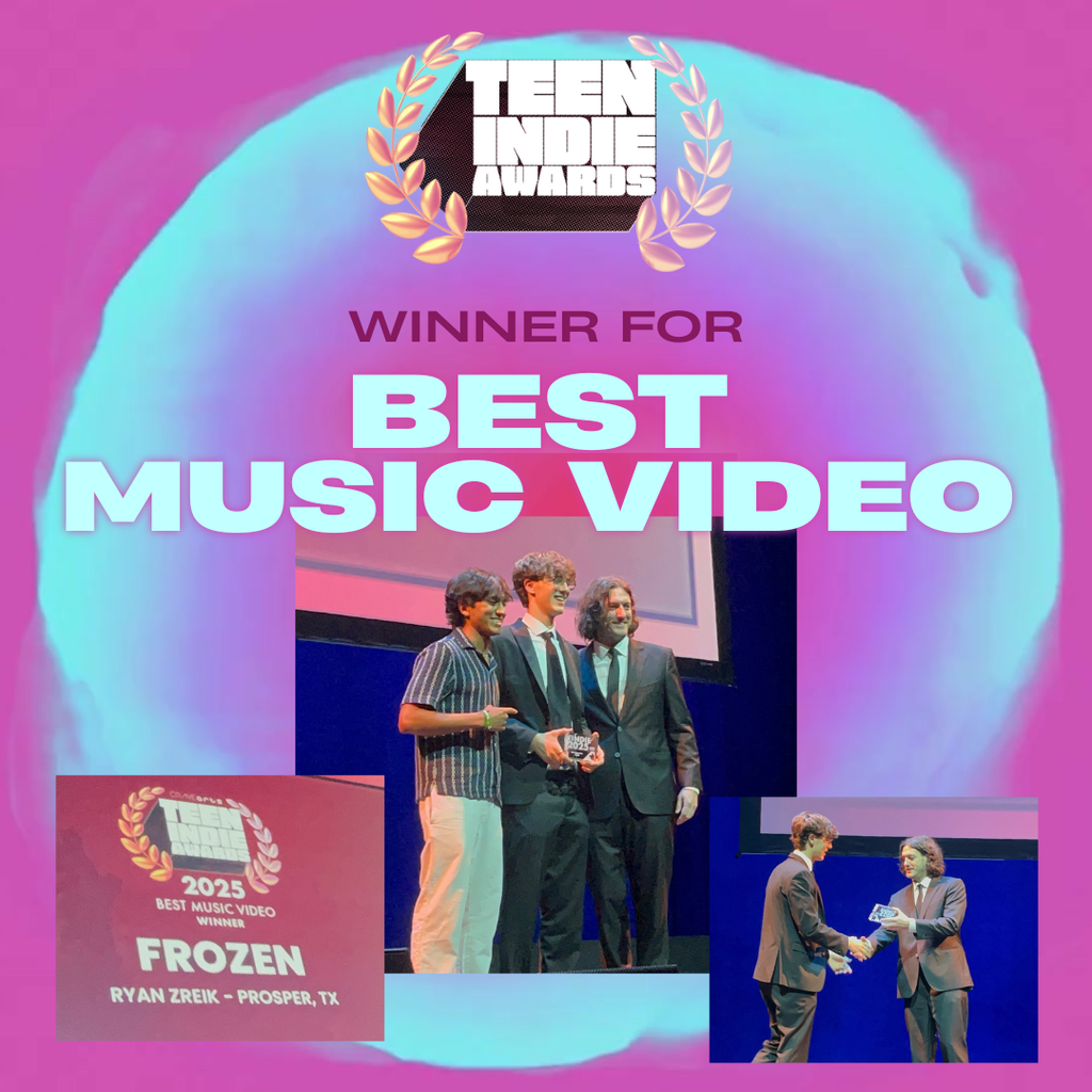 Graphic with pink and blue background featuring “Teen Indie Awards” logo. Text reads “Winner for Best Music Video.” Photos show Prosper High student Ryan Zreik receiving the award for “Frozen.”