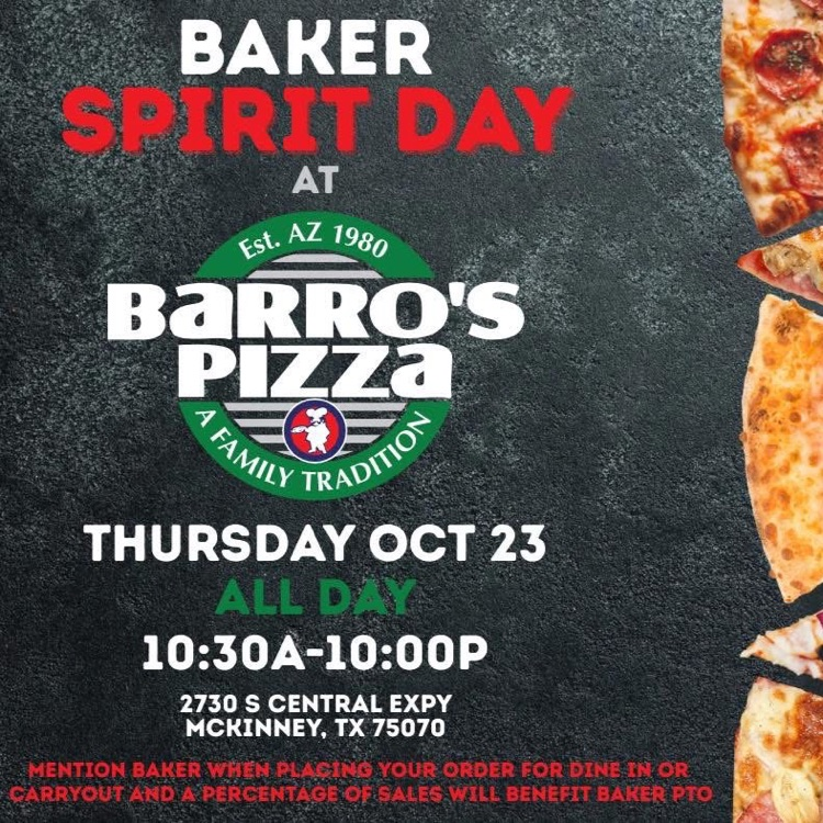 Barro’s Pizza Baker Spirit Night