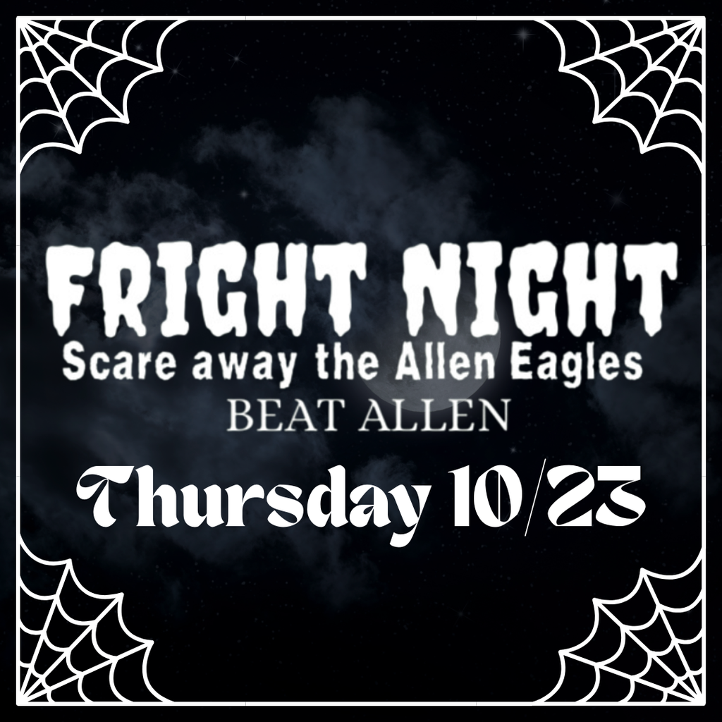 Spooky “Fright Night” graphic with white text and spiderweb corners on a dark night sky.