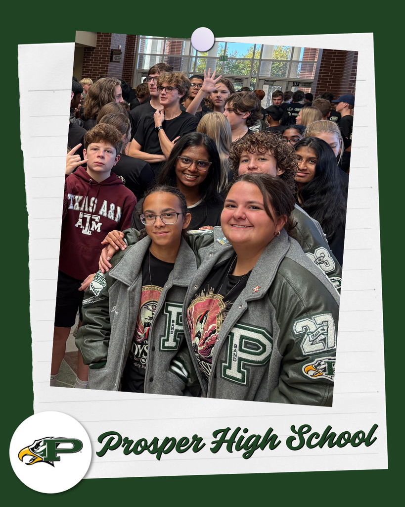 Prosper Mighty Eagle Band students in black “The Odyssey” shirts gathered in the hallway.
