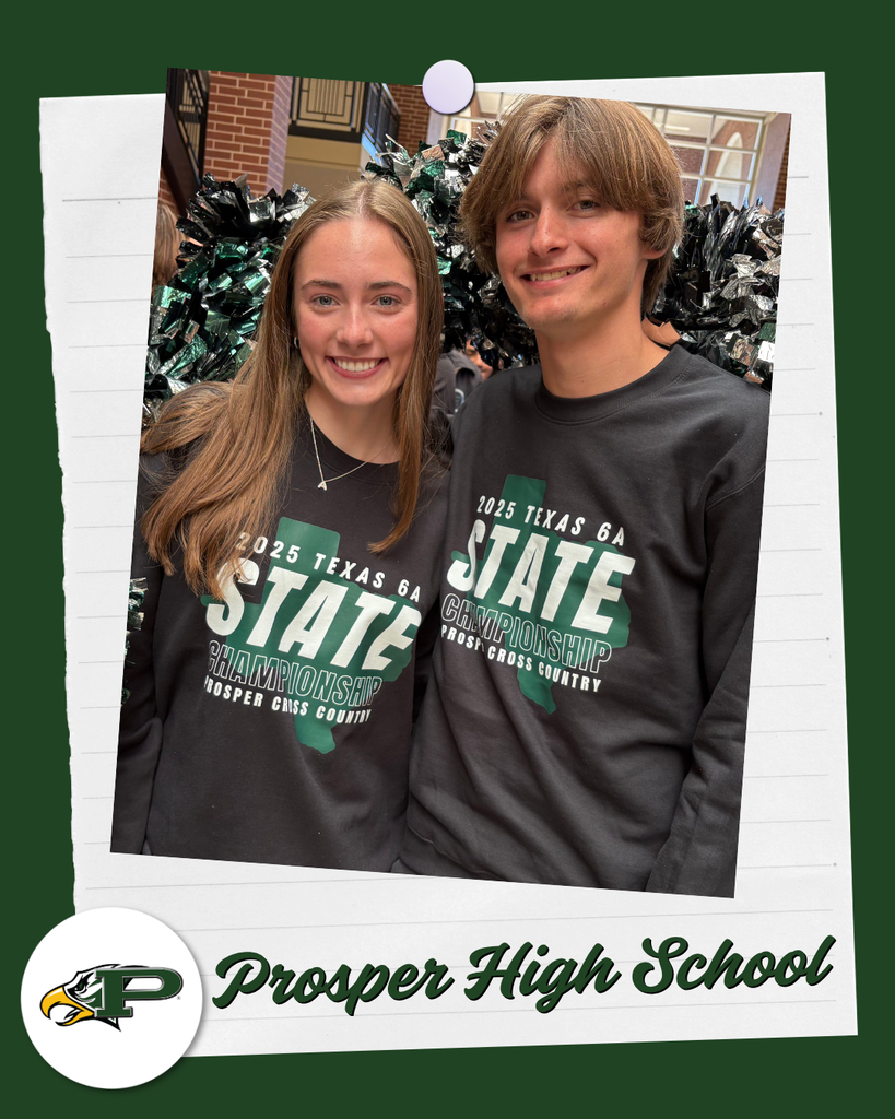 Two Prosper cross country athletes wearing “State Championship” shirts smiling together.