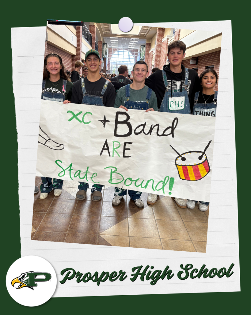 Students holding a handmade banner that reads “XC + Band are State Bound!”