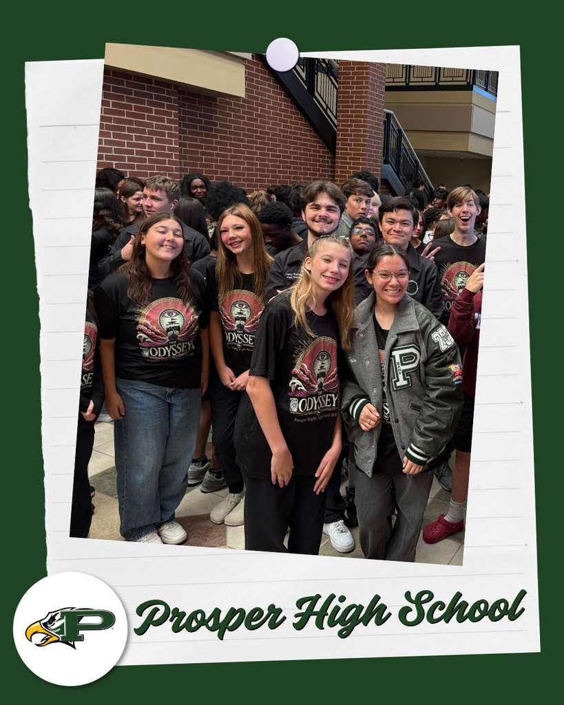 Prosper Mighty Eagle Band students in black “The Odyssey” shirts gathered in the hallway.